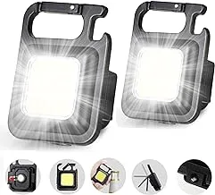 LED Mini COB Flashlights 1000 High Lumens Bright Light Keychain Flashlight Portable USB Rechargeable Light 3 Light Modes with Folding Bracket,Bottle Opener for Fishing Walking Camping(square*2pack)