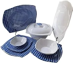 Pure 136377 Set Of 38 Pieces Of Melamine Checks Square Plates Elegant Design For Home And Restaurant - Blue White