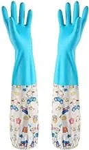 Housework Cleaning Latex Rubber Gloves Bundle Cuff Winter Velvet Lining Dishwashing Long Waterproof Insulated Kitchen (Blue Cartoon) (Assorted Colors)