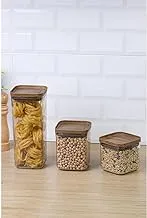 Freecook Square Acrylic Food Container Set with Wooden Lid 3-Pieces, Transparent