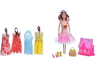 Generic Plastic Doll Fashion Style With Small Plastic House and Clothes For Girls +3 Set Of 14 Pieces - Multi Color