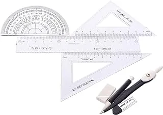 مجموعة أدوات هندسية عالية الجودة من Wentaibo WTB-2965 مكونة من 7 قطع (كومباسات مع قلم رصاص ميكانيكي مدمج ومسطرة ومنقلة ومثلثين وممحاة وصندوق رصاص) للطلاب - أسود أبيض