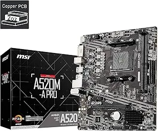 اللوحة الأم للألعاب MSI A520M-A PRO (AMD AM4، DDR4، PCIe 4.0، SATA 6 جيجابايت/ثانية، Dual M.2، USB 3.2 Gen 1، DVI/HDMI، Micro-ATX)