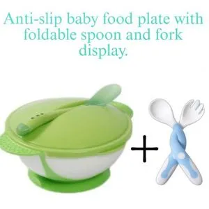 Anti-slip Baby Food Plate With Foldable Spoon And Fork Width 6 Months.