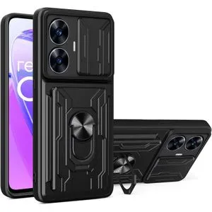 Realme 10 Pro+ Full Protection Case, Visa Card Slot, Ring & Slider Camera Cover - Black