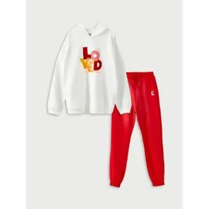 LC Waikiki Hooded Printed Long Sleeve Girl Sweatshirt And Sweatpants