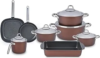 Saflon Titanium Round Set 13 pieces Stainless Steel Handle Mocha (4 Pots 18/20/24/28, Fry Pan 26 Cm, Milk Pot 16 Cm, Grill Pan 28 Cm)