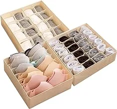 LinStyle Drawer Organiser, Collapsible Closet Dividers Foldable Underwear Storage Box for Bras, Socks, Neck Ties, Scarves and Any Accessories - 3 Set (Beige)