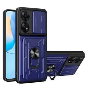 OPPO Reno 8T 5G Full Protection Case Visa Card Slot, Ring & Slider Camera Cover - Blue