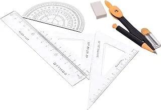 Wentaibo WTB-2965 High Quality Geometric Tools Set of 7 Pieces (Compas with Built-in Mechanical Pencil, Ruler, Protractor, 2 Triangles, Eraser and Pencil Leads Box) for Students - Black Orange