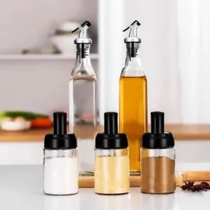 Set Of ( 5 Pcs ) - 2 Oil-Vinegar Bottles 500ml & 3 Spice Jars With Spoons - Clear