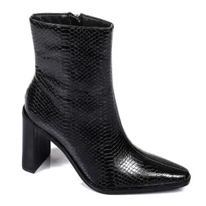 Dejavu Pointed Leather Zipper Heeled Ankle Boots - Black