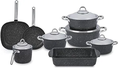 Saflon Granite Round Set 13 pieces Stainless Steel Handle Black (4 Pots 18/20/24/28 Cm, Fry Pan 24 Cm, Oven Pan 28 Cm, Milk Pot 16 Cm, Grill Pan 28 Cm)