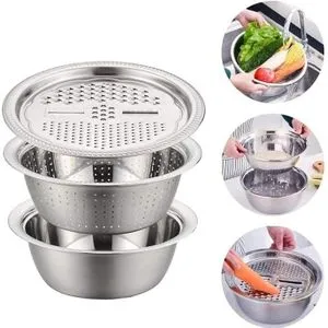 Stainless Steel Drain Basket Vegetable Cutter 3 In 1 Kitchen Multipurpose