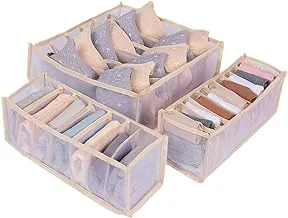 Wuerjo Underwear Storage Box Compartment- Foldable Underwear Storage Box with 6/7/11 Compartments Nylon Divider Box Socks (Beige, 3 Set)