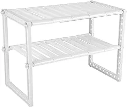 YOKEPO 2-Tier Under Sink Expandable Shelf Organizer Rack, Kitchen or Bathroom Adjustable Storage Shelves(Expands 15-3/8 to 26Inches) (White)