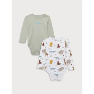 LC Waikiki Crew Neck Long Sleeve Printed Baby Boy Body With Snap Crotch 2-Pack