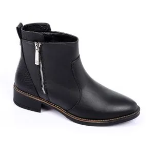 Dejavu Round Toecap Zipper Leather Ankle Boots - Black