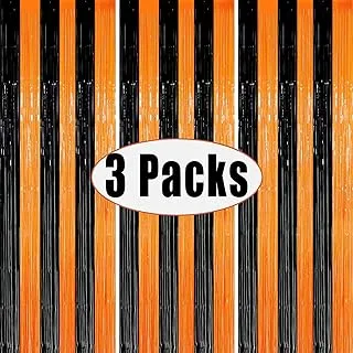 3 Packs 3.3ft x 6.6ft Orange Black Metallic Tinsel Foil Fringe Curtains Photo Booth Props for Halloween Party Theme Party Birthday Party Decorations