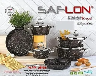 Saflon Granite Set 10 pieces Trend Line Round Black Stainless Steel Handle (4 Pots 18/20/24/28, Fry Pan 26 Cm, Oven Pan 28 Cm)