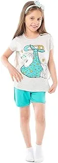 Jockey M M Cotton Set Of 2 Pieces Half Sleeves T-Shirt&Short Printed Horse For Girls-Light Grey&Turquoise-3Year