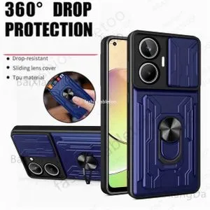 Realme 10 Pro+ Full Protection Case, Visa Card Slot, Ring & Slider Camera Cover - Blue