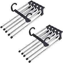 Pack of 2 Trouser Hangers Space-Saving Foldable Multi Hangers, Hanger Pants Rack Closet Organiser, Trousers Hangers Made of Stainless Steel for Trousers, Scarves, Jeans, Clothes, Towels (5 in 1)