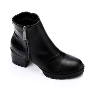 Dejavu Zipper Leather Mid Heels Ankle Boots - Black
