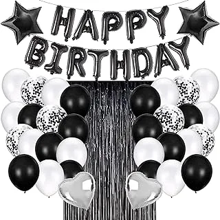 Black Birthday Party Decorations Set with Happy Birthday Balloons Banner, Confetti Balloons, Foil Fringe Curtain for Birthday Party Supplies