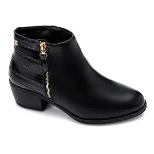 Dejavu Back Patterned Leather Zipper Ankle Boots - Black
