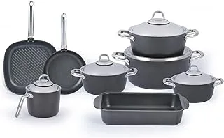 Saflon Titanium Round Set 13 pieces Stainless Steel Handle Black (4 Pots 18/20/24/28, Fry Pan 26 Cm, Milk Pot 16 Cm, Grill Pan 28 Cm)