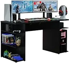 Madesa gaming computer desk with 5 shelves, cable management and large monitor stand, wood, 60 d x 136 w x 75 h cm - black