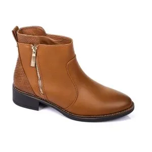 Dejavu Round Toecap Zipper Leather Ankle Boots - Camel