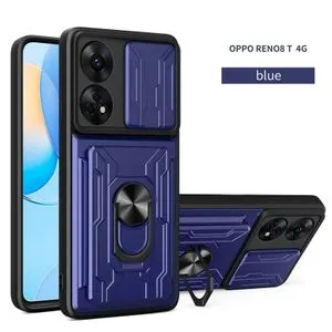 OPPO Reno 8T 4G Full Protection Case Visa Card Slot, Ring & Slider Camera Cover - Blue