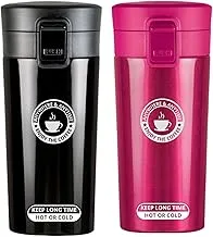 Frabble8 Double Wall 300ML Vacuum Insulated Stainless Steel Tea Coffee Mug Thermos Flask Travel Mug - Tumbler with Flip Lid & Mesh Filter Hot and Cold for 6 Hours (Combo Black & Pink Pack 2)