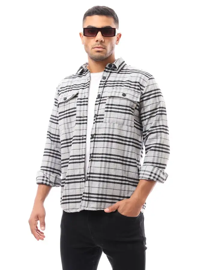 RAVIN Men Long Sleeve Plaids White & Grey Shirt With Two Patched Pockets