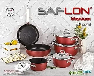 Saflon Titanium Set 10 pieces Trend Line Round Red Stainless Steel Handle (4 Pots 18/20/24/28, Fry Pan 26 Cm, Oven Pan 28 Cm)