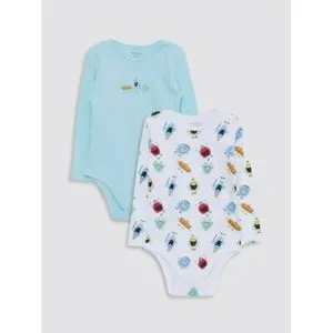 LC Waikiki Crew Neck Long Sleeve Printed Baby Boy Body With Snap Crotch 2-Pack.