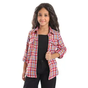 AlNasser Plaids Classic Neck Girls Shirt - Red, Orange & Blue