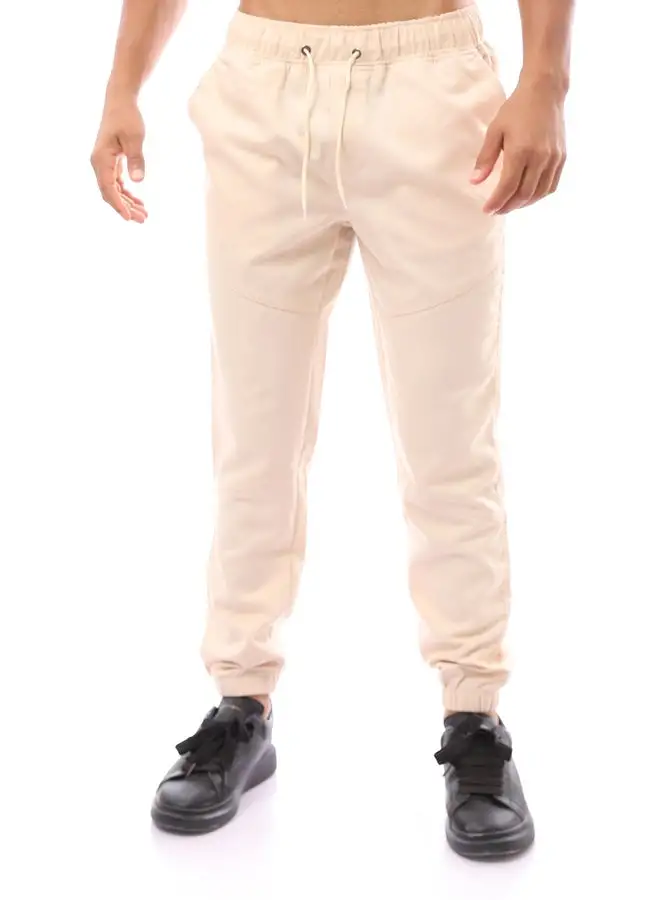 RAVIN Beige Gabardine Pants with Elastic Hem