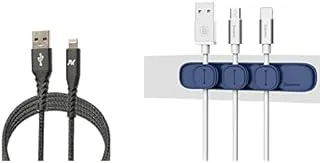 Cable Essentials Bundle (L'avvento MP-47-2 MFI USB to Lightning Sync and Charging Cable, 1 Meter Cable Length, Silver/Black + Baseus peas cable clip blue)