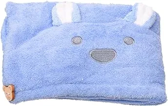 Generic Microfiber Medium Striped Hair Towel With A button In The Shape Of a Teddy Bear and Rabbit Design - Blue