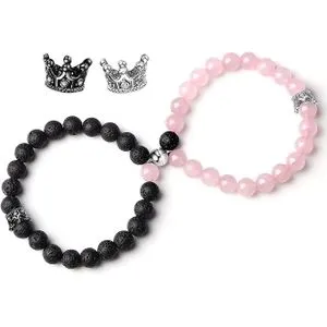 Couples Bracelets Magnetic Distance King&Queen Crown (black & Pink)