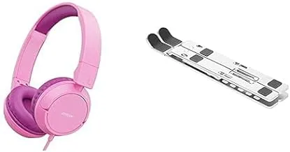 Laptop Essentials Bundle (Joyroom JR-HC1 Kids wired headphones-Pink + Comax Aluminum Laptop Stand, 7 Level Adjustable - Silver)