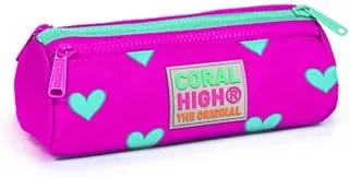 Coral High Kids Three Compartment Pencil case - Neon Pink Water Green Heart Patterned