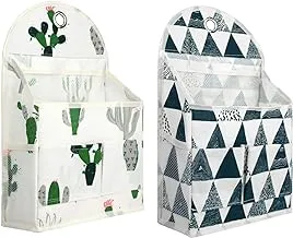 Merysan Hanging Storage Bag, Foldable Linen Fabric Wall Hanging Baskets Organiser with 3 Pockets for Children's Room, Bathroom, Bedroom, Waterproof (Green) Pack of 2