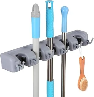 Fyrcomft Broom Mop Holder Stainless Steel 3 Racks 4 Hooks for Laundry Room, Kitchen, Garage (Black, Grey) (Grey-Plastic)