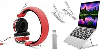 Laptop Essentials Bundle (L'avvento (hp06r) headphone stereo golden plug with 40mm speaker driver - 1.5m - red, Wired + Adjustable Laptop Stand, Portable Aluminium Laptop Riser Laptop Holder for Desk)