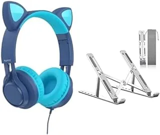 Laptop Essentials Bundle (Havit Gamer Headphones Cat Ear Noise Cancelling (Blue), Wired + SGIN Laptop Stand, Adjustable Laptop Stand, 6-Levels Laptop Holder for Desk Air-Ventilation)