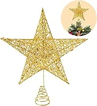 Christmas Tree Topper, 10 Inches Gold Glitter Christmas Tree Ornaments Metal Hollow Star for Christmas Tree Home Decoration